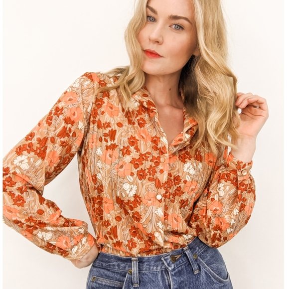 70s Floral Button Down Long Sleeve Blouse - Picture 6 of 17